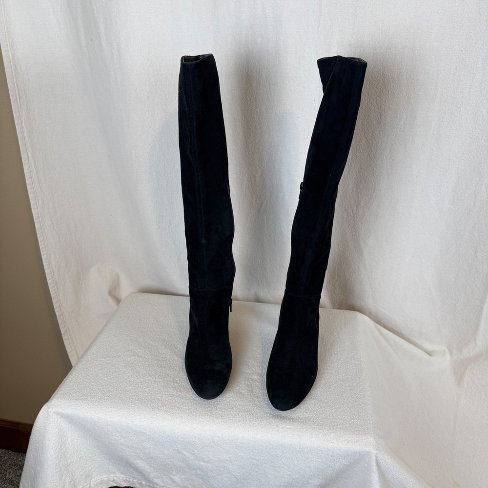 Stuart Weitzman Black Suede Knee‎ High Boots Block Heel Spain 9.5M GH 78439